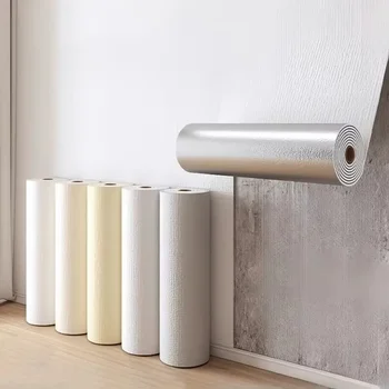 ผ้าลินินสีทึบวอลล์เปเปอร์ Self-Adhesive สติ๊กเกอร์ติดผนังกันน้ํา 3D Moisture-proof ผนังครอบคลุมสําหรับห้องนอน home Decor 1