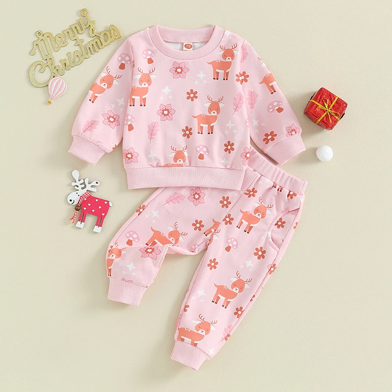 

Newborn Baby Girl Christmas Outfit Long Sleeve Deer Print Crewneck Pullover Sweatshirt Tops Pants Infant Clothes