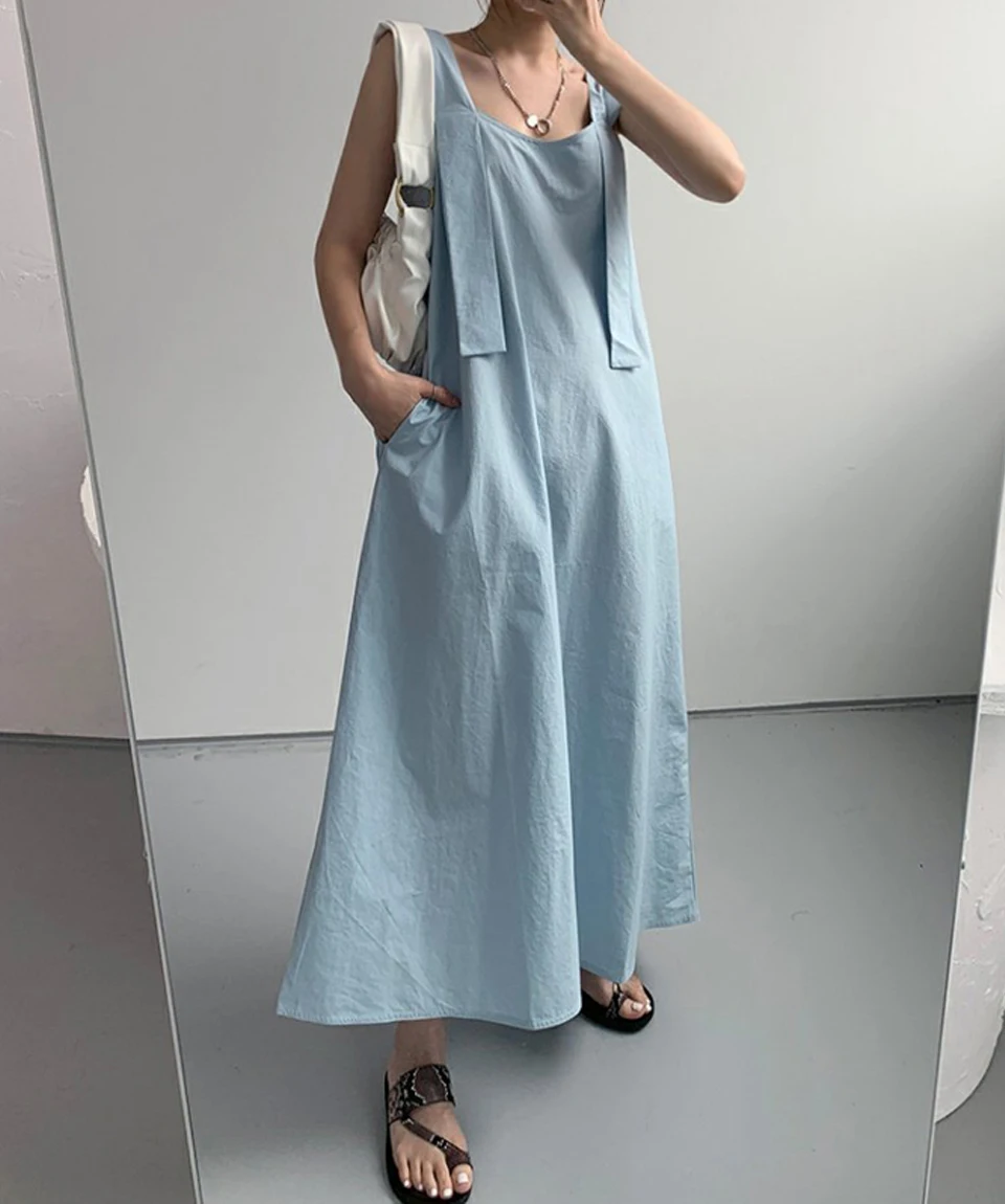 Korean Loose Dress Women Chic Summer New Sleeveless Long Dresses with Pockets Female