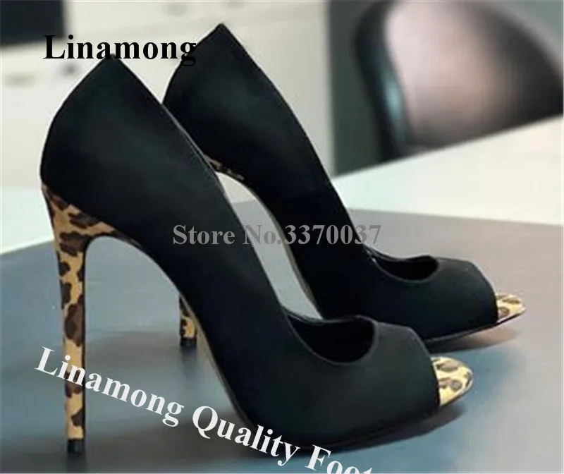 

Black Patchwork Leopard Pumps Linamong Fashion Peep Toe Suede Stiletto Heel Party Shoes Slip-on Big Size Dress Heels