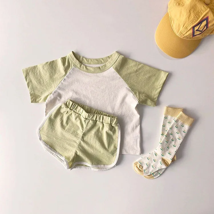 Infant children's suits baby clothes boys contrast color shoulder short-sleeved T-shirt girls baby simple casual shorts suit baby outfit matching set