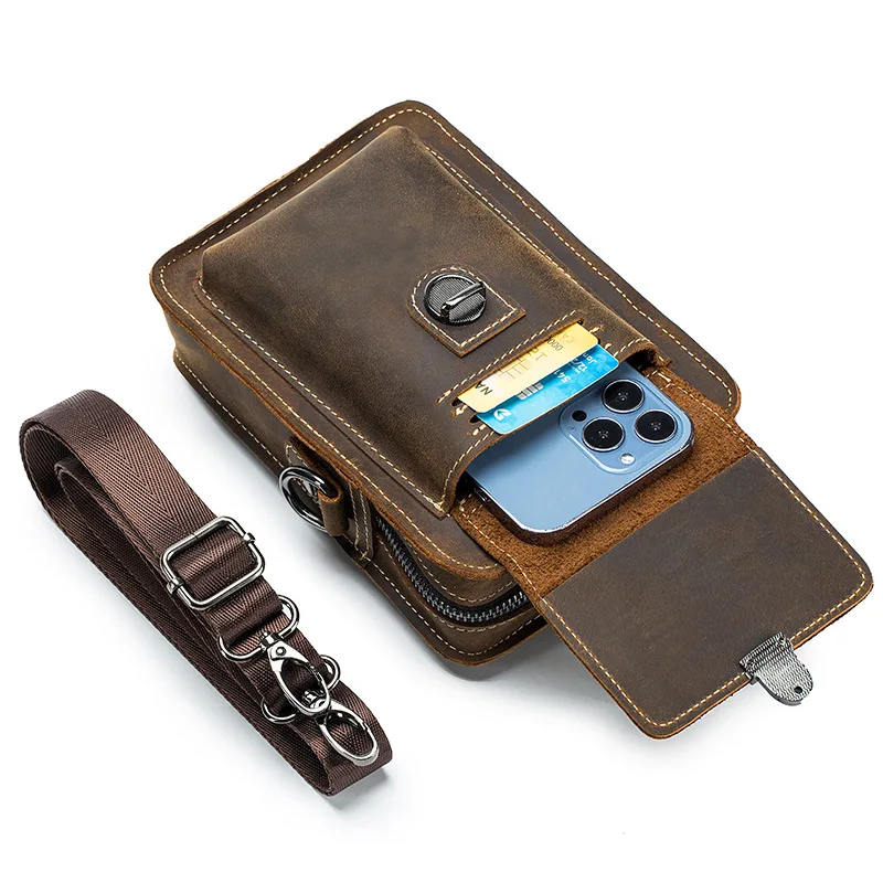 Men Leather Casual Waist Pack First Layer of Cowhide Multi-functional Single Shoulder Crossbody Portable Mobile Phone Brown Bag