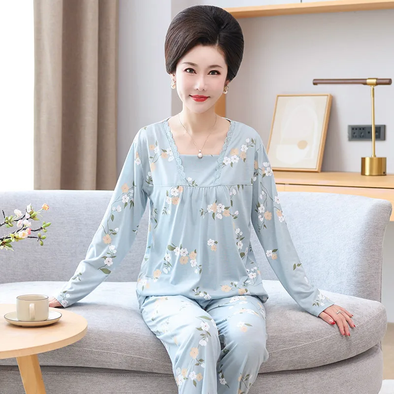 

2 Pieces/set Sleepwear Lounge Wear Women Floral Print Long Sleeve Pullover Square Neck Long Pants Soft Cotton Sleepwear Set 4XL