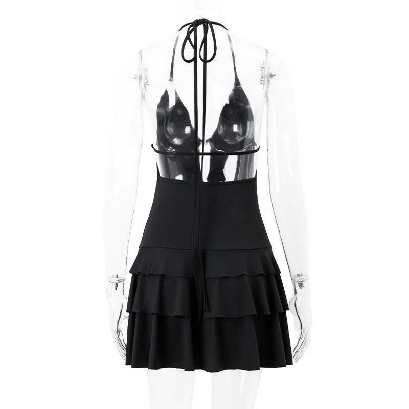 Halter Neck Dress y2k Clothes Women Black Sleeveless Backless Layered Ruffled Hem A-line Shorts Cake Dress Clubwear