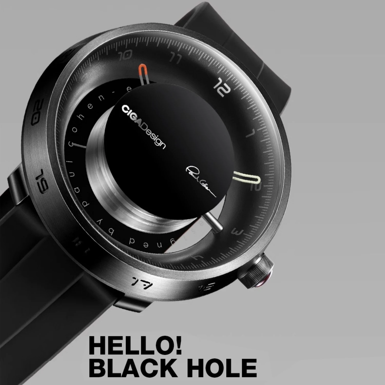CIGA Design Men Automatic Mechanical Watch Series U Black Hole 316L Stainless Steel Flurorubber Band Transparent Black Watches