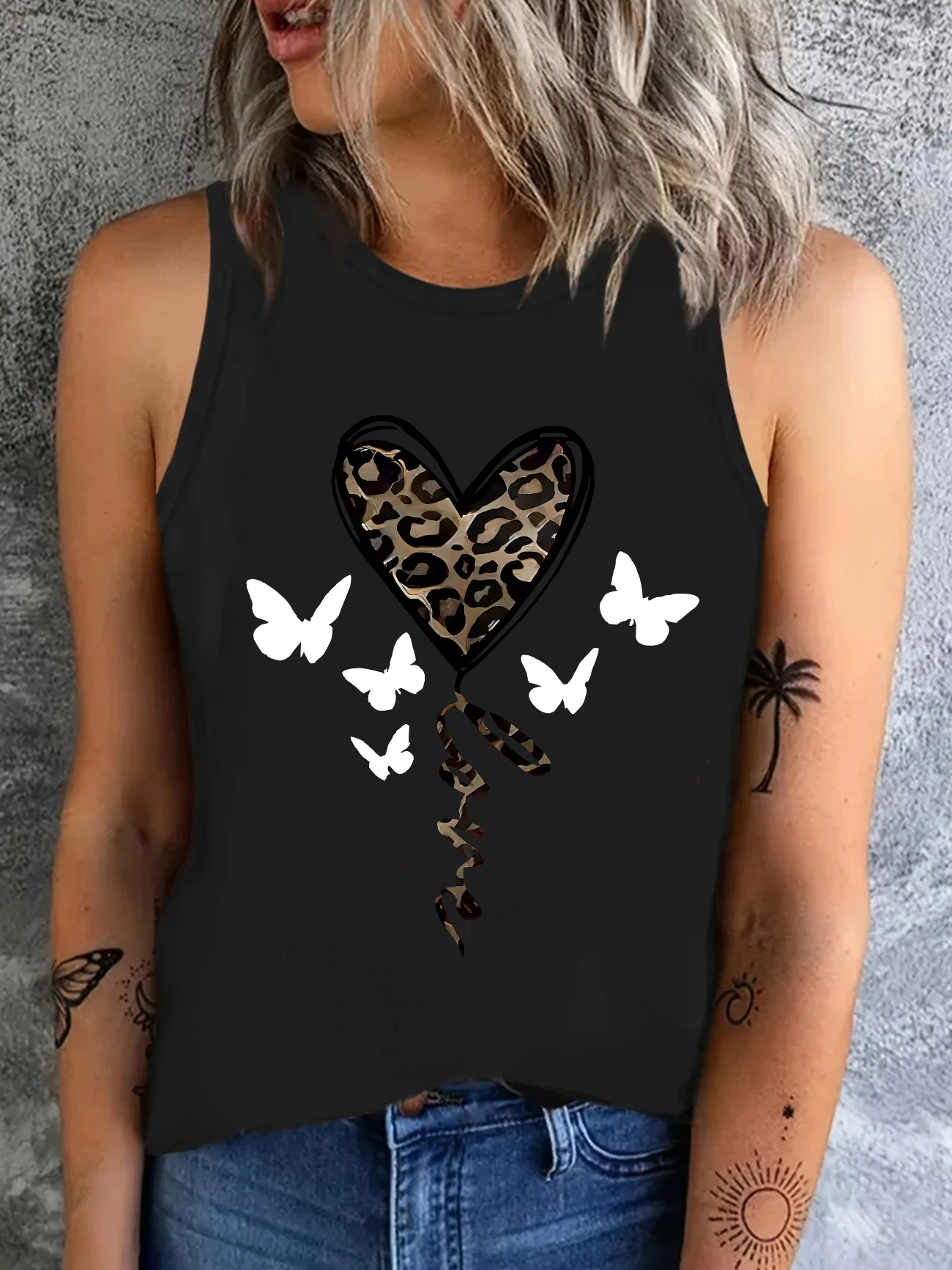 Leopard and Butterfly Graphic Sleeveless Women's Casual Tank Top