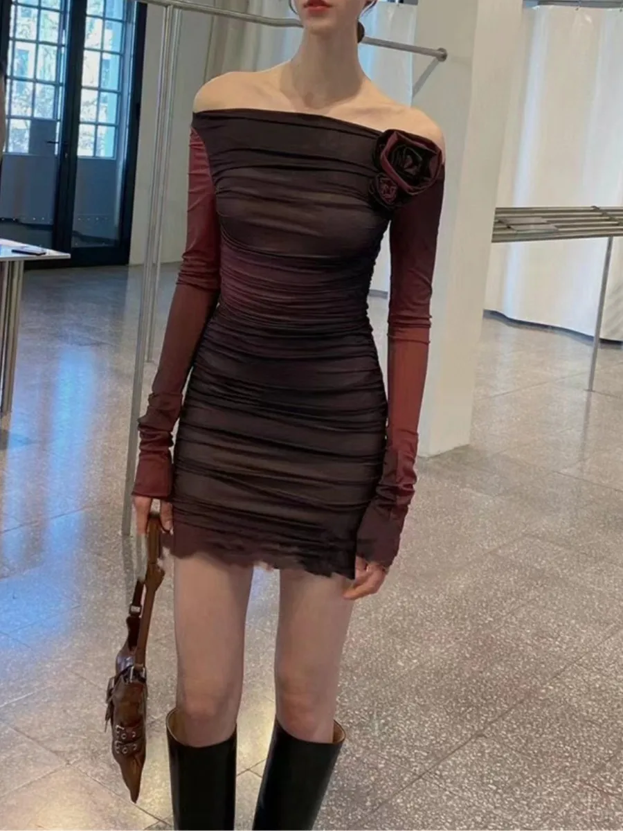 

2023 summer new 3D flowers a shoulder tie-dye red dress women's skirt strapless design fashion high quality y2k clothes traf