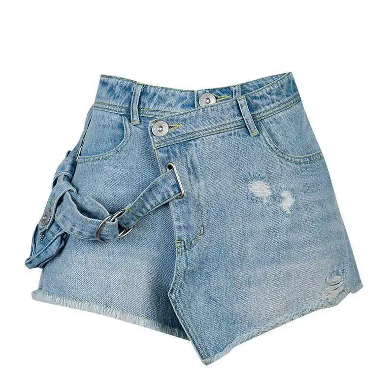 Korean  denim shorts female waist bag high waist slim 2023 summer new hot pants wide leg  jeans women shorts  Wide Leg Pants