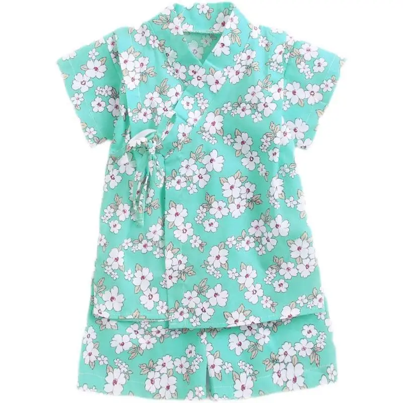 Children's Cotton Japanese Kimono Yukata Baby Cute Print Comfortable Sleepwear Home Kids Short-Sleeved 2-Piece Set LC967