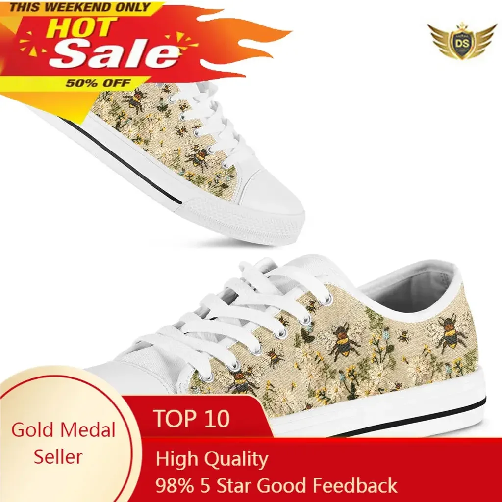 Fashion Cute Bees Daisy Flower Women Sneakers Casual Shoes Female Summer Canvas Shoes Trainers Lace Up Ladies Femme Tenis