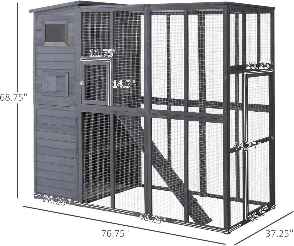 Outdoor Catio Cat House Wooden Feral Cat Shelter Cage with Platforms Waterproof Asphalt Roof Ramps 77" L Gray