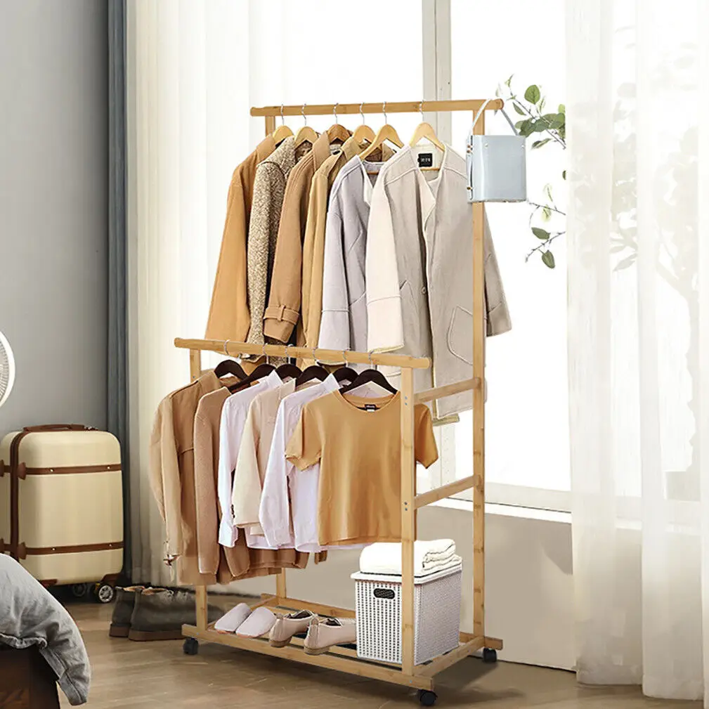 Rolling Clothes Hanging Rack with Double-Rod Wooden Garment Stand with Wheels — view 6