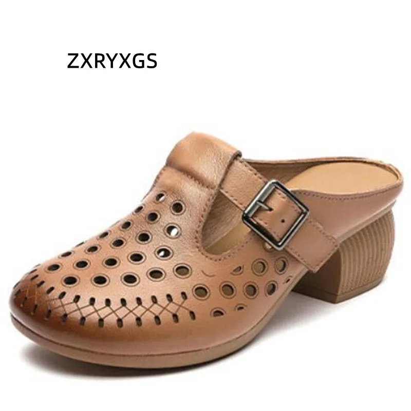 

ZXRYXGS 2023 Round Toe Breathable Hollow Hole Shoes Woman Genuine Leather Slippers Thick Heel Sandals Summer Fashion Slipper New