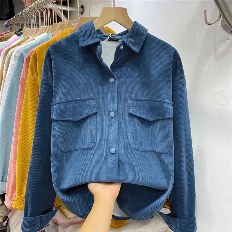 Kadife Ters Uzun Kollu Düz Renk Gömlek Kadınlar için Sonbahar Kış Hepsi Bir Arada Kadife Üst Moda Basit Düğme Ceket