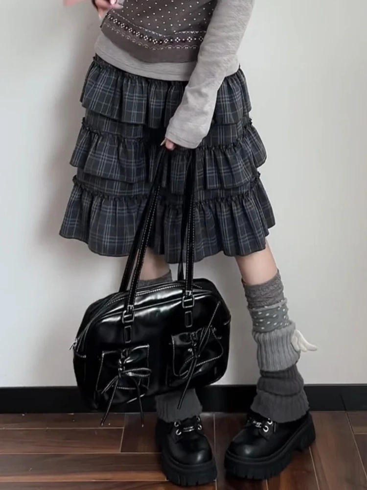 Y2k Harajuku Vintage Skirts Plaid Ruffles Patchwork High Waist Cake Skirt Punk Gothic All Match 2026 Summer Women's Clothing