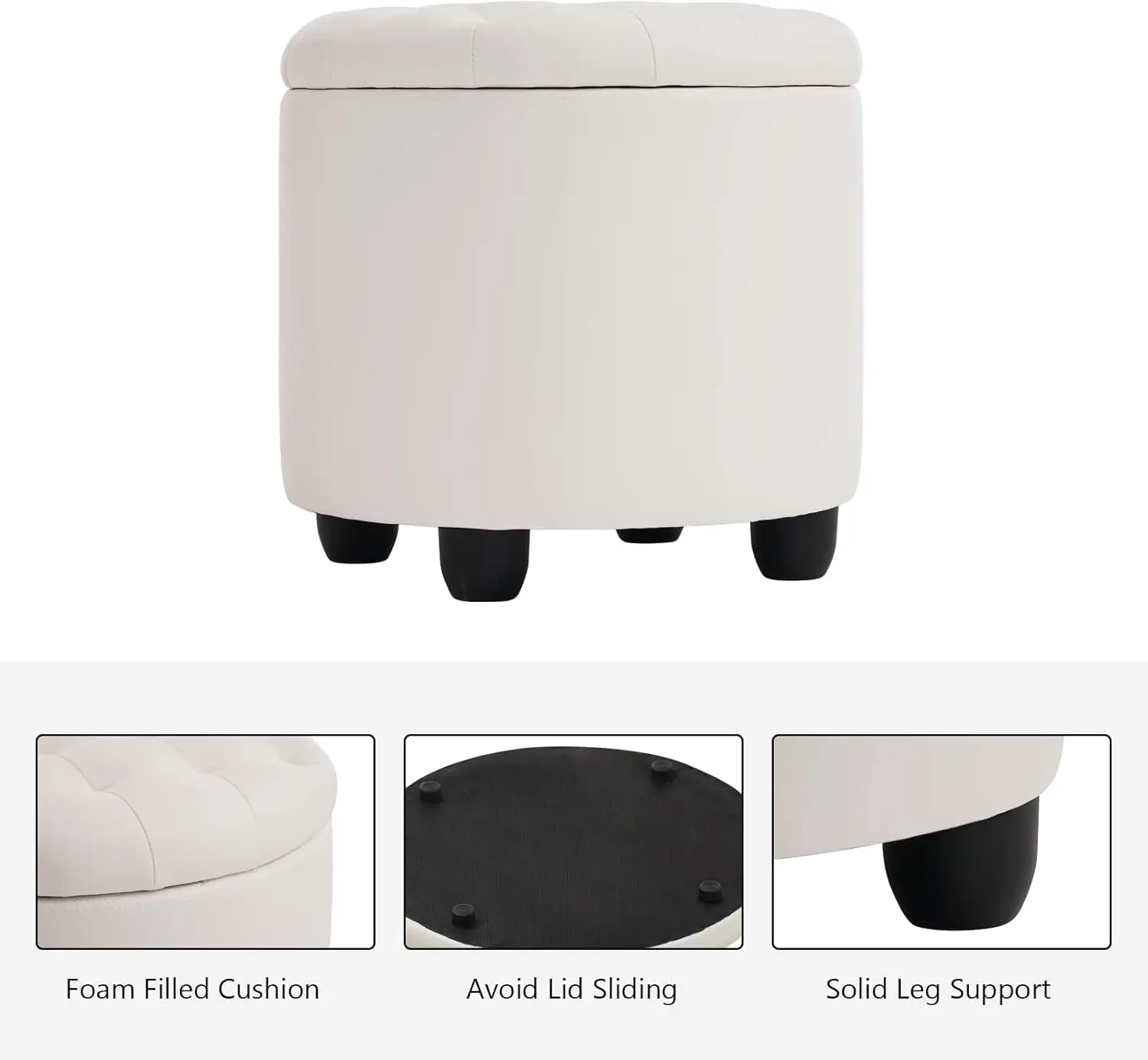 Round Storage Ottoman with Cover Lid Tufted, 19" Round Ottoman with Storage Faux Leather Ottomans