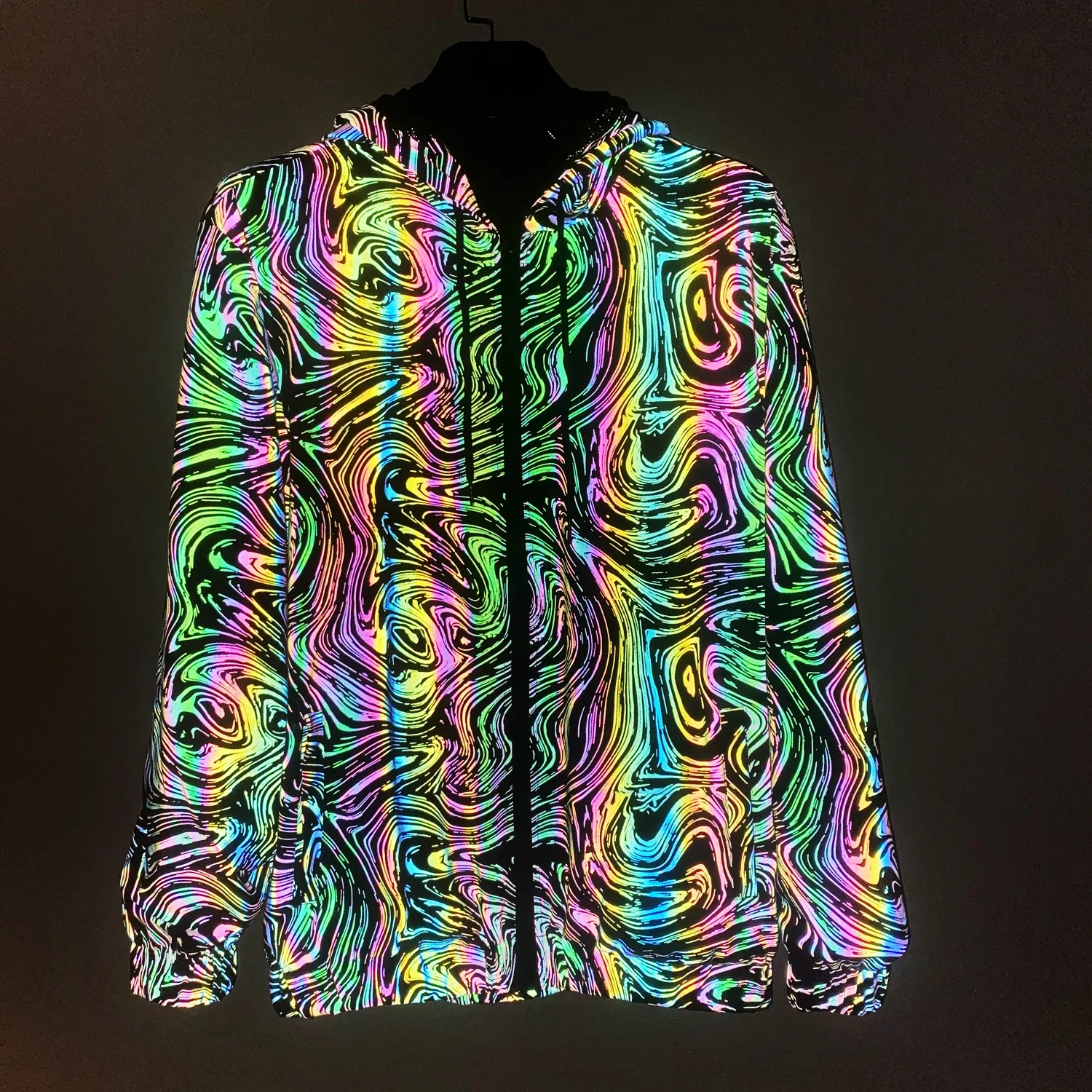 2022 Rainbow Color Reflective Knitted Jacket Men Women Nightclub Hip Hop Breathable Hooded Jackets And Coats 5