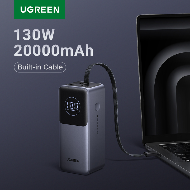 UGREEN Nexode 130W 20000mAh Power Bank Built-in Type C Cable Portable 100W External Battery PowerBanks Fast Charge for Laptop