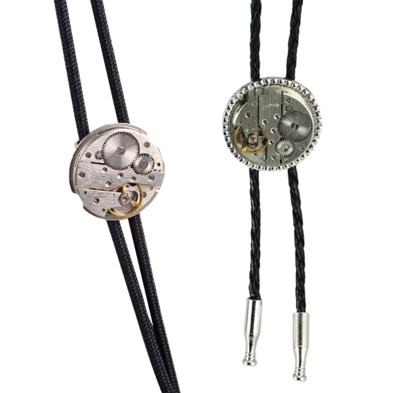 Vintage Faux Leather Rope Bolo Tie with Mechanical Metal Gear Pendant Steampunk Necktie Clock Movement Jewelry Necklace