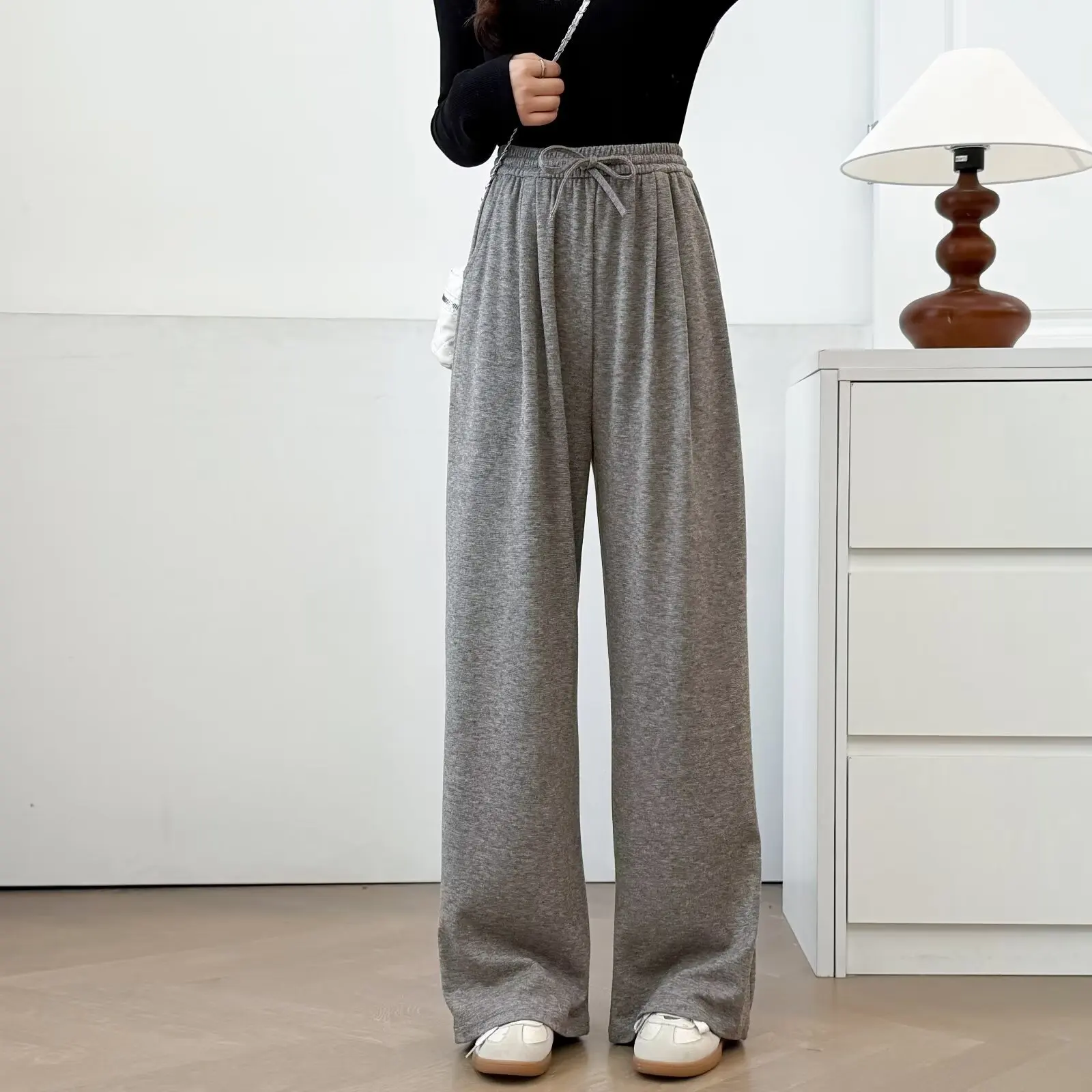 Plus Size Women's Straight Leg Pants 2025 Autumn New Style Simple Casual Drawstring Waist Full Length Trousers 8021