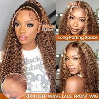 4/ 27 mettre en évidence miel brun bouclés Transparent HD 13x4 dentelle frontale réel perruques de cheveux humains Ombre couleur vague d'eau profonde pleine perruques 3