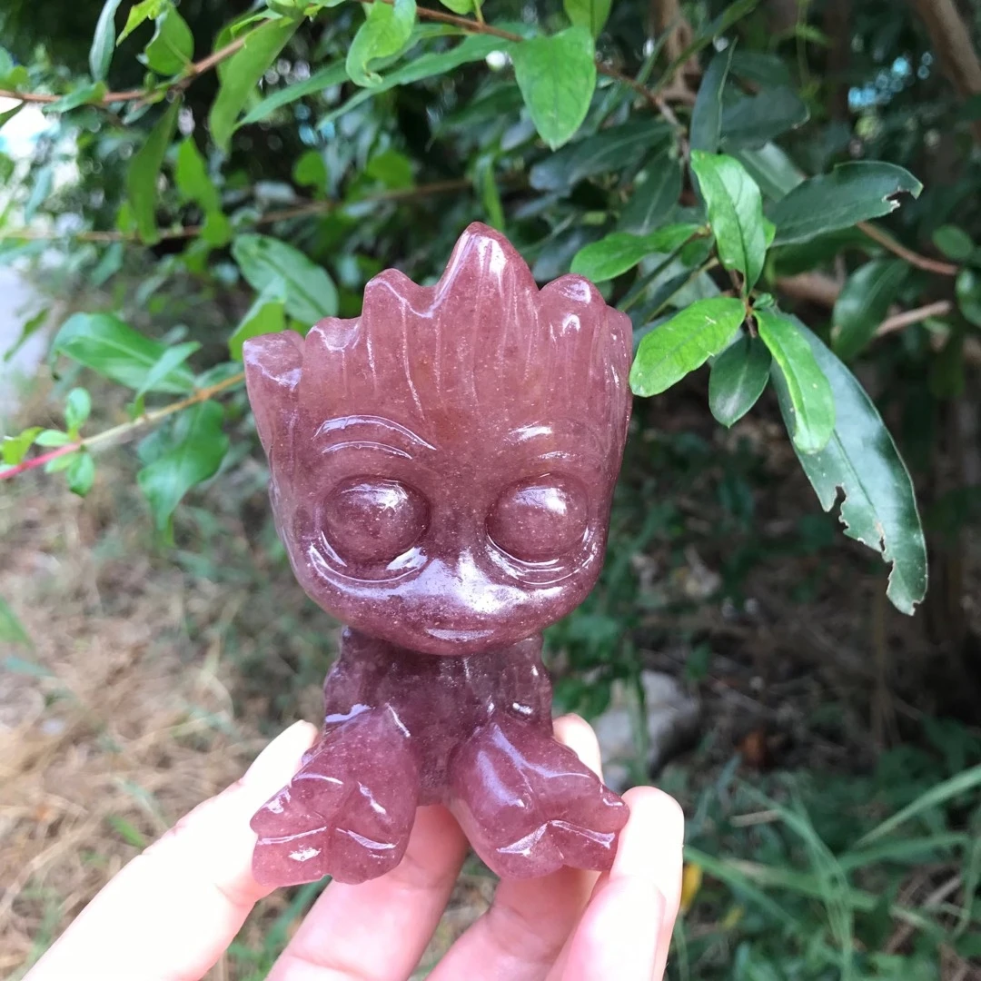 

100mm Natural Stone Crystal red strawberry The Groot Tree people Statue Crystal Carved Torso Energy Body Sculpture Decorate Gift