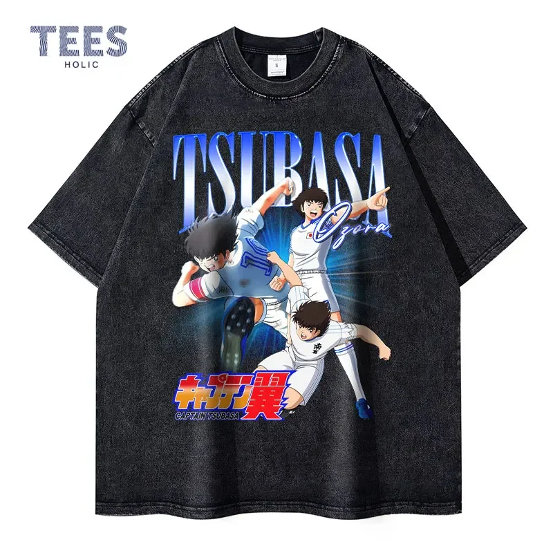 Ozora Tsubasa Magliette Vintage Washed Anime Football Soccer T-Shirt Oversize Streetwear Retro Old School Manga Top Tees Men