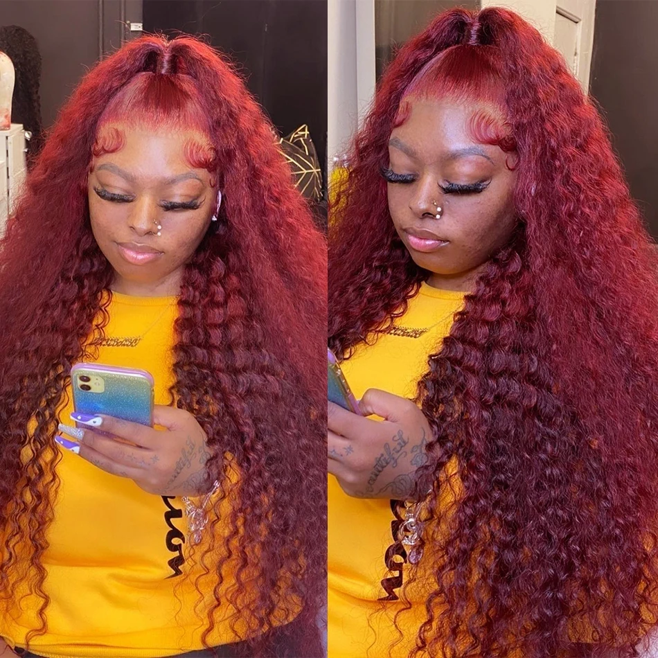 220% Red Colored Deep Wave Lace Frontal Wig Brazlian 30 34 Inch 99J Burgundy Curly 13x4 Lace Front Wigs Human Hair For Women