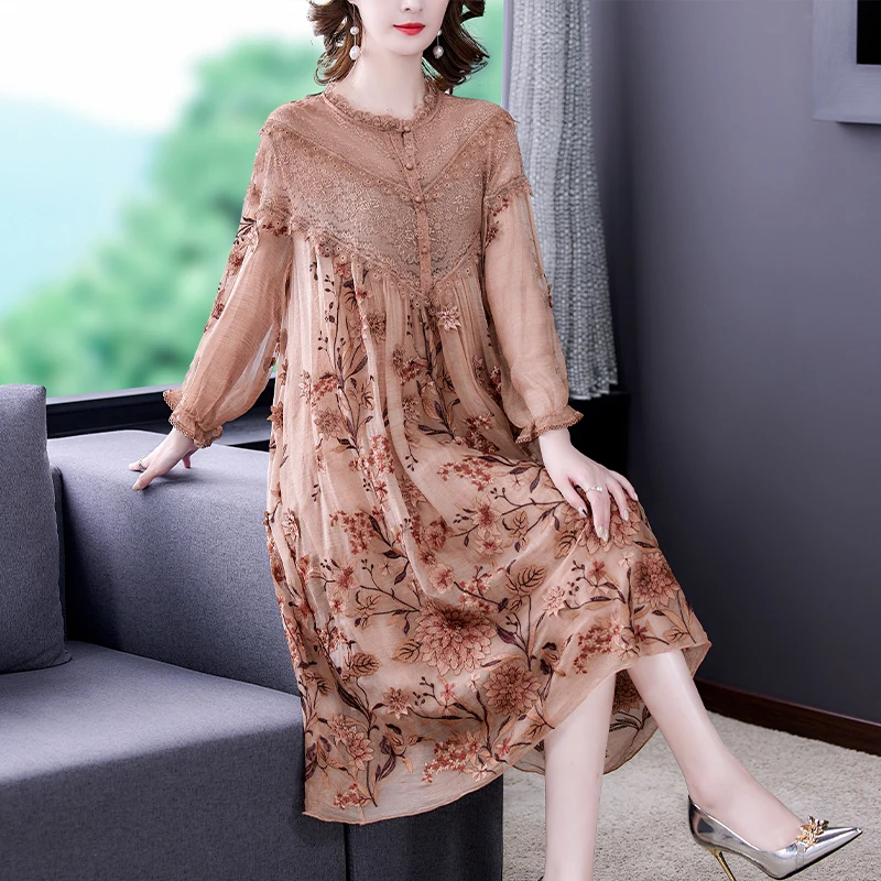

2023 Spring and Summer New Silk Long Sleeve Flower Embroidery Dress Coffee Fragmented Flower Large Knee Length Dress