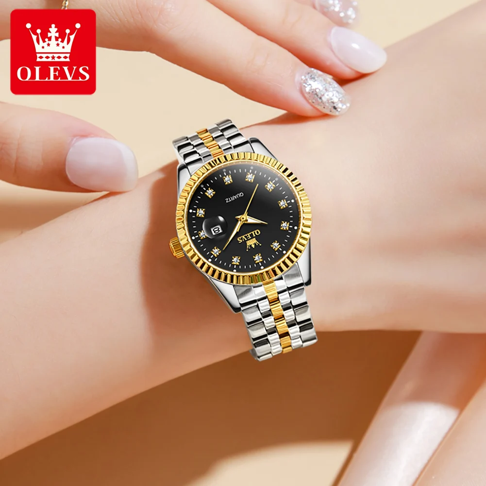 OLEVS Luxury Watches for Women Elegant Stainless Steel Diamond Date Dial Waterproof HD Luminous Women's Quartz Casual Wristwatch