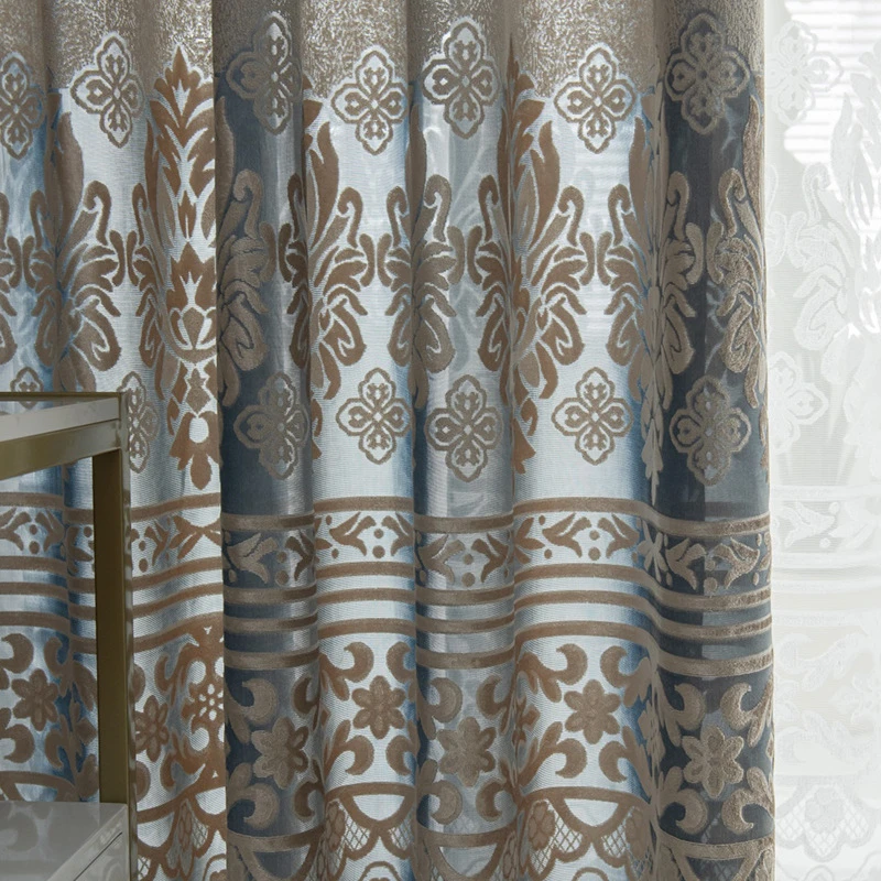 

Chinese Style Curtain Hollow European Style Jacquard Semi Shading Printing Curtains for Living Dining Room Bedroom Custom