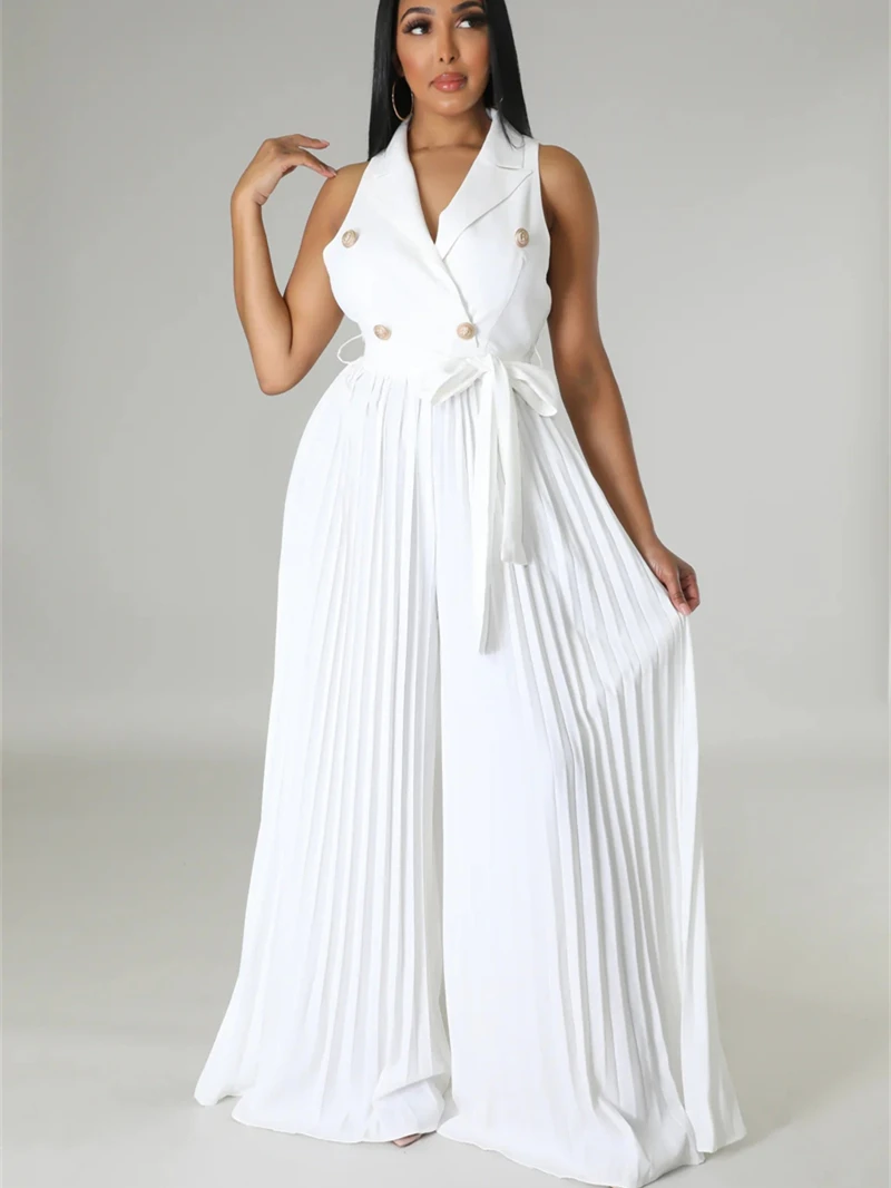 

INS Fashion Sleeveless Jumpsuits Women Summer Clothes Solid Pleated Wide Leg Pants Rompers Playsuits One Pieces Overalls Outfits