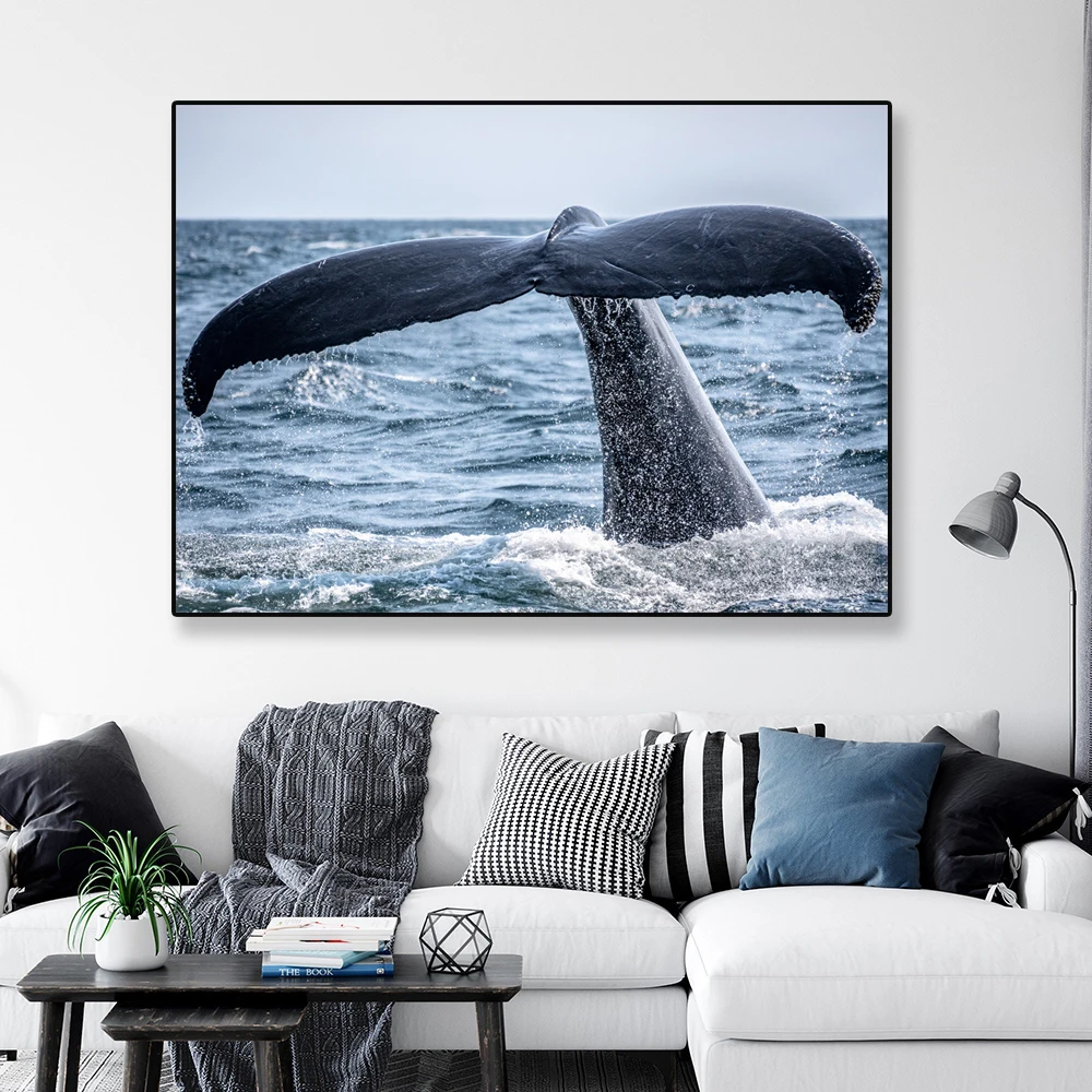 Modern Living Room Decoration Sea Animal Poster Blue Sea Wave Whale Print Sea Turtle Coral Clump Canvas Painting Large Picture