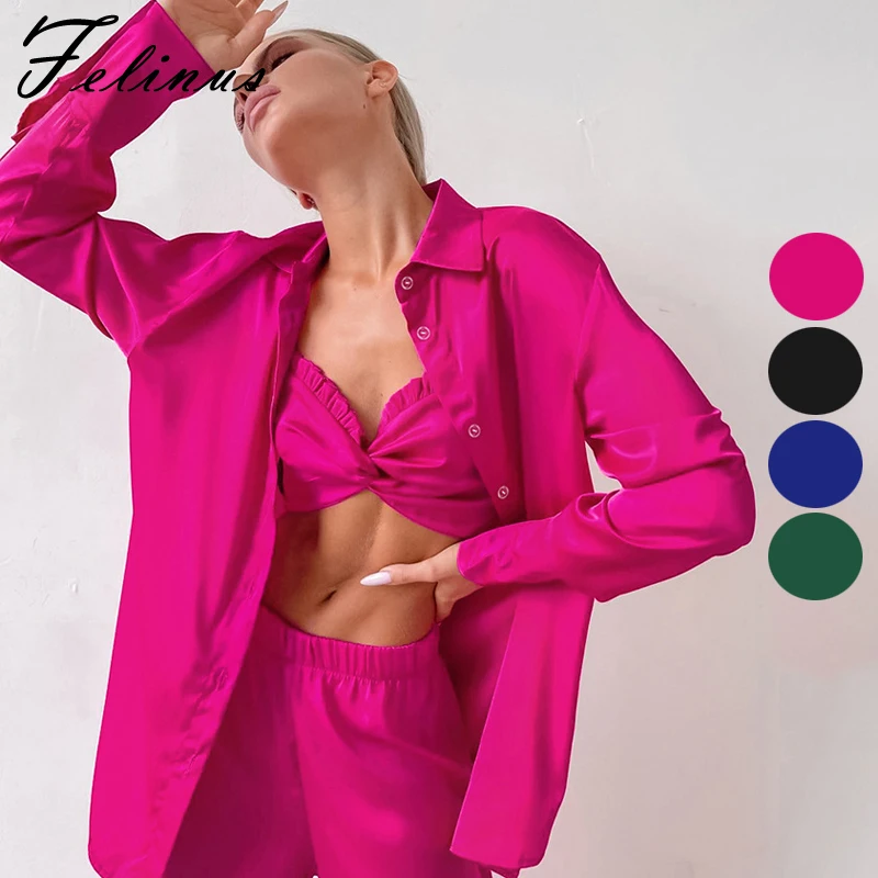 

Felinus Solid Color Pajamas Women 3 Pieces Robe Full Sleeves Sleepwear Loose Satin Trouser Homen Suit Simple Female Nightgowms