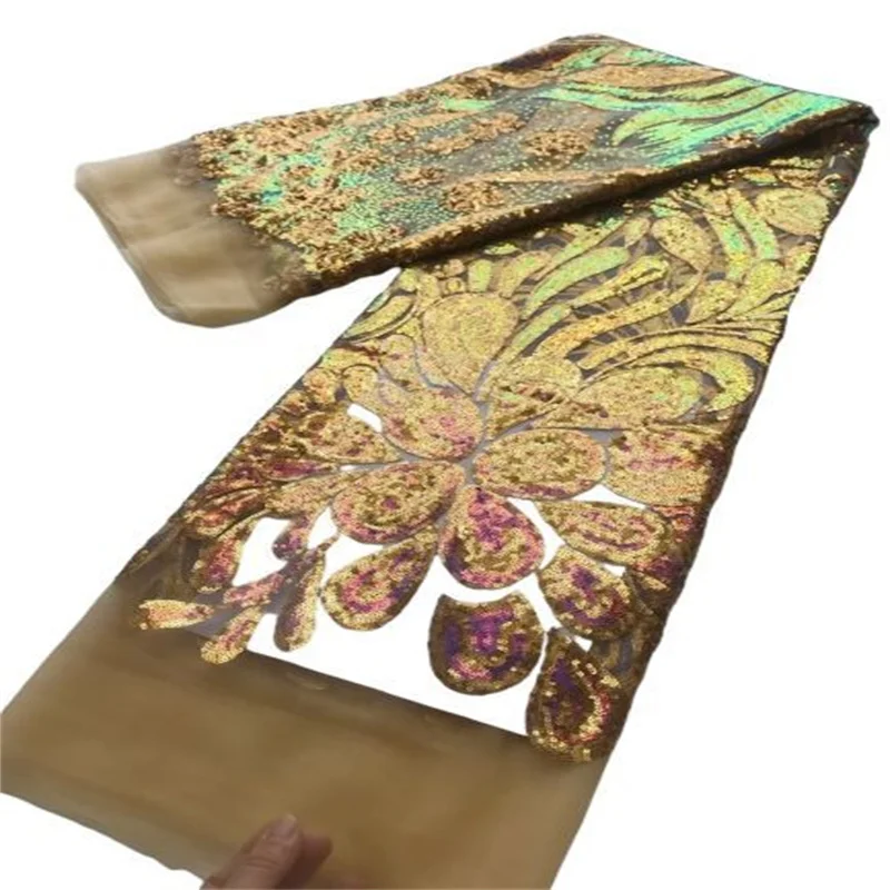 

Multicolor African Tulle Lace Fabric Sequin 5 Yards 2023 Gold Nigerian Mesh Lace Fabrics High Quality For Sew Wedding Cloth