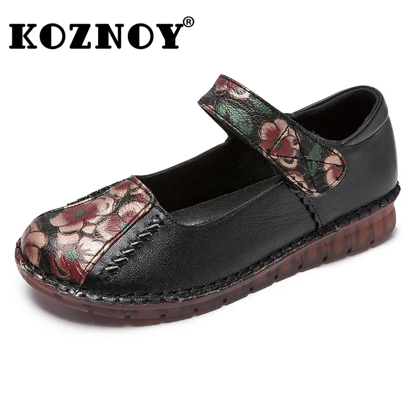 

Koznoy 3cm Retro Ethnic Autummn Spring Round Toe Genuine Leather Comfortable Print Mom Women Leisure Soft Flats Oxford Shoes