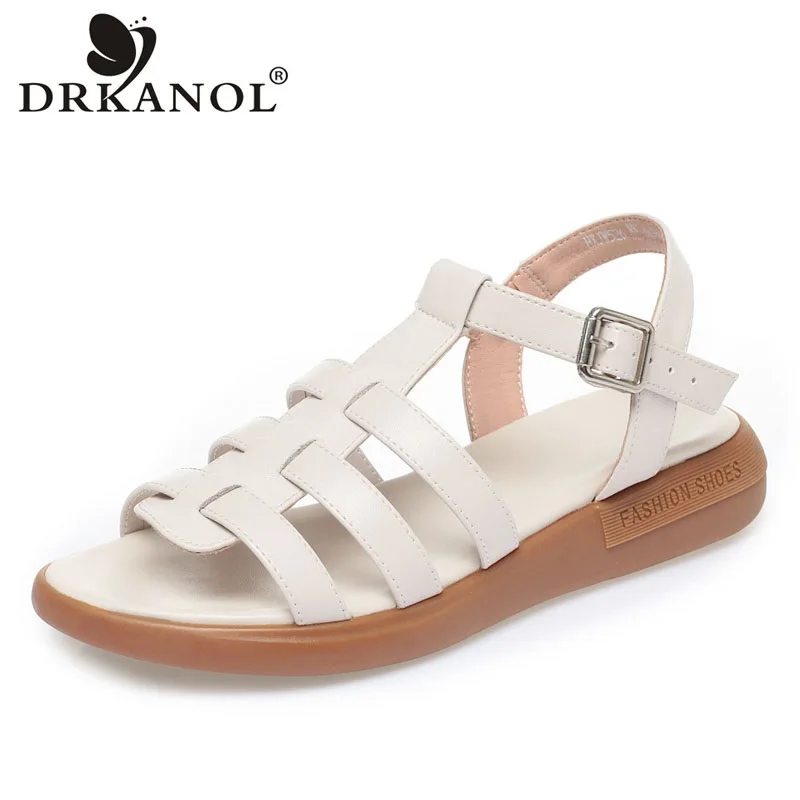 

DRKANOL Fashion Summer Sandals Women Split Leather Open Toe Buckle Flat Casual Sandals Ladies Concise Roman Shoes Big Size 41 42