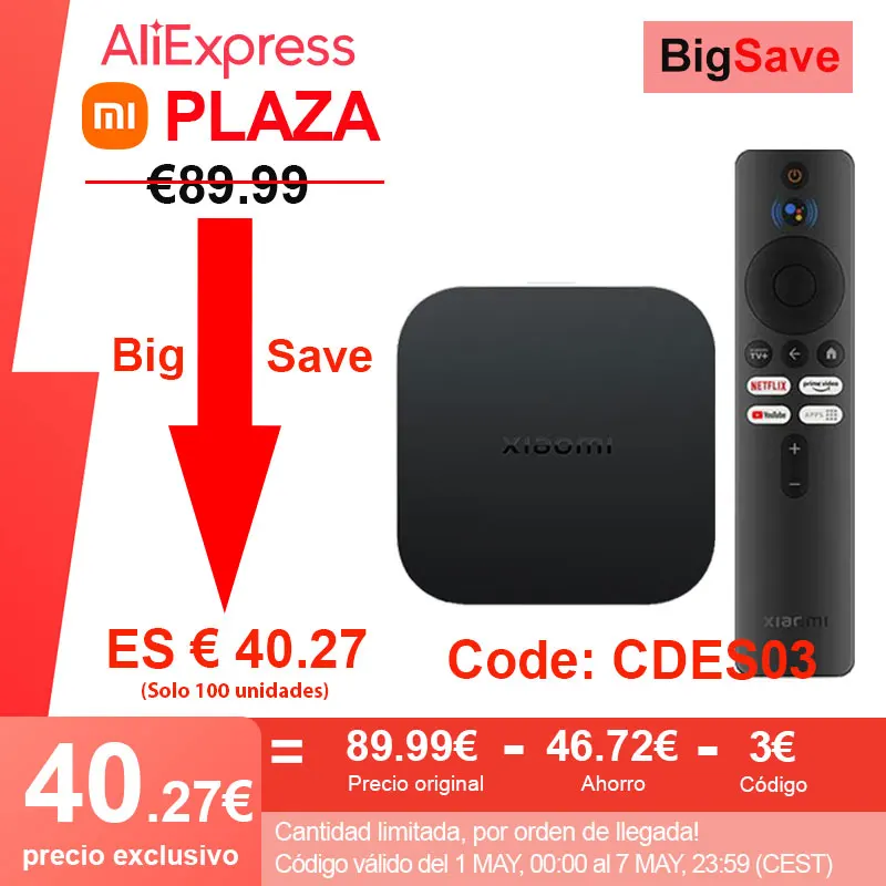 [€29-€3 código: CDES03] Xiaomi TV Box S 2nd Gen, Google TV smart tv Box, 4K Ultra-HD procesador de cuatro núcleos Dolby Vision HDR10+ Google Assistant,BT 5.2, Para Netflix Youtube,Versión Global