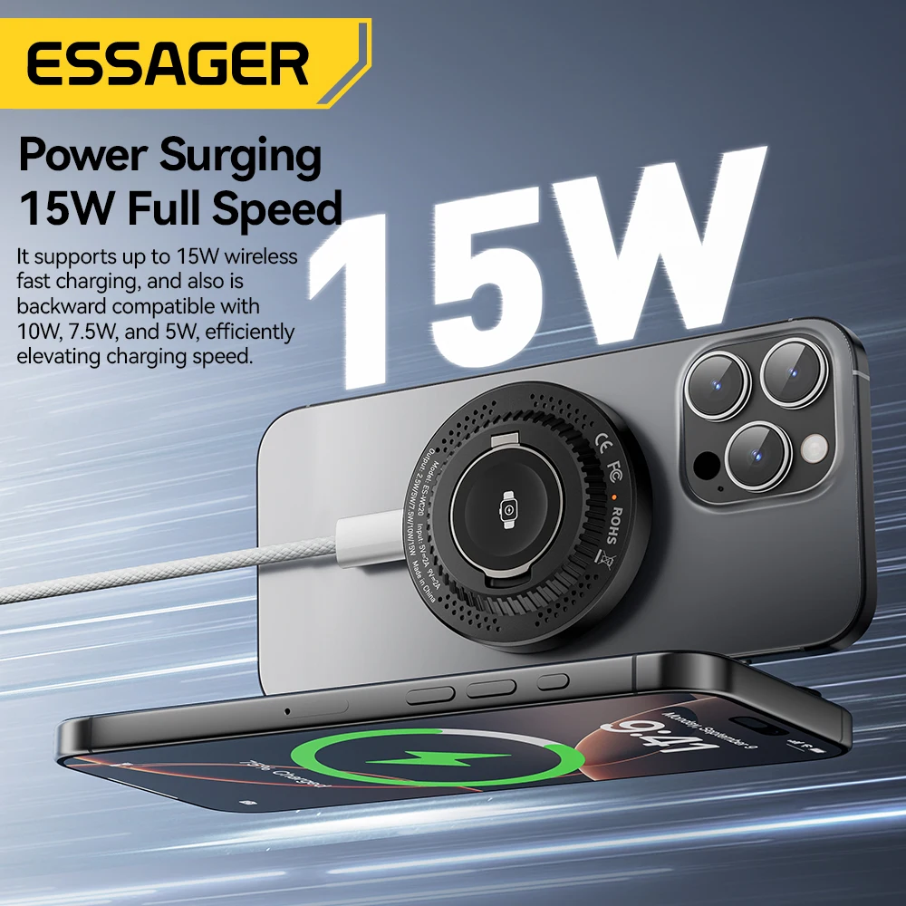 Essager 2-in-1 Magnetic Wireless Charger with Holder - Portable Fast Charging, 15W