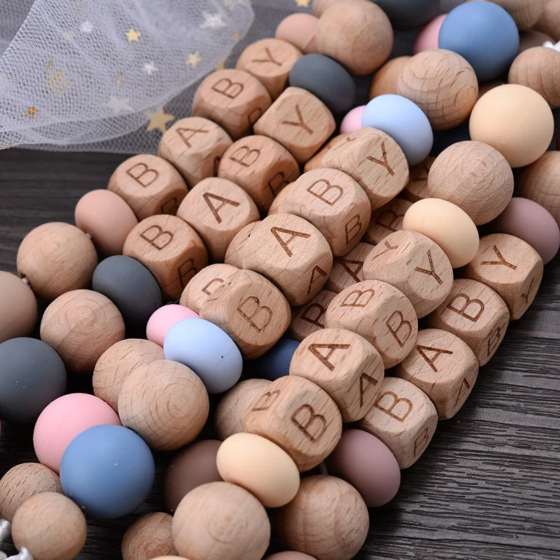New Wooden Beech Letter Beads Baby Pacifier Clips Silicone Beads Anti-Lost Pacifier Chain for Dummy Nipple Holder 4