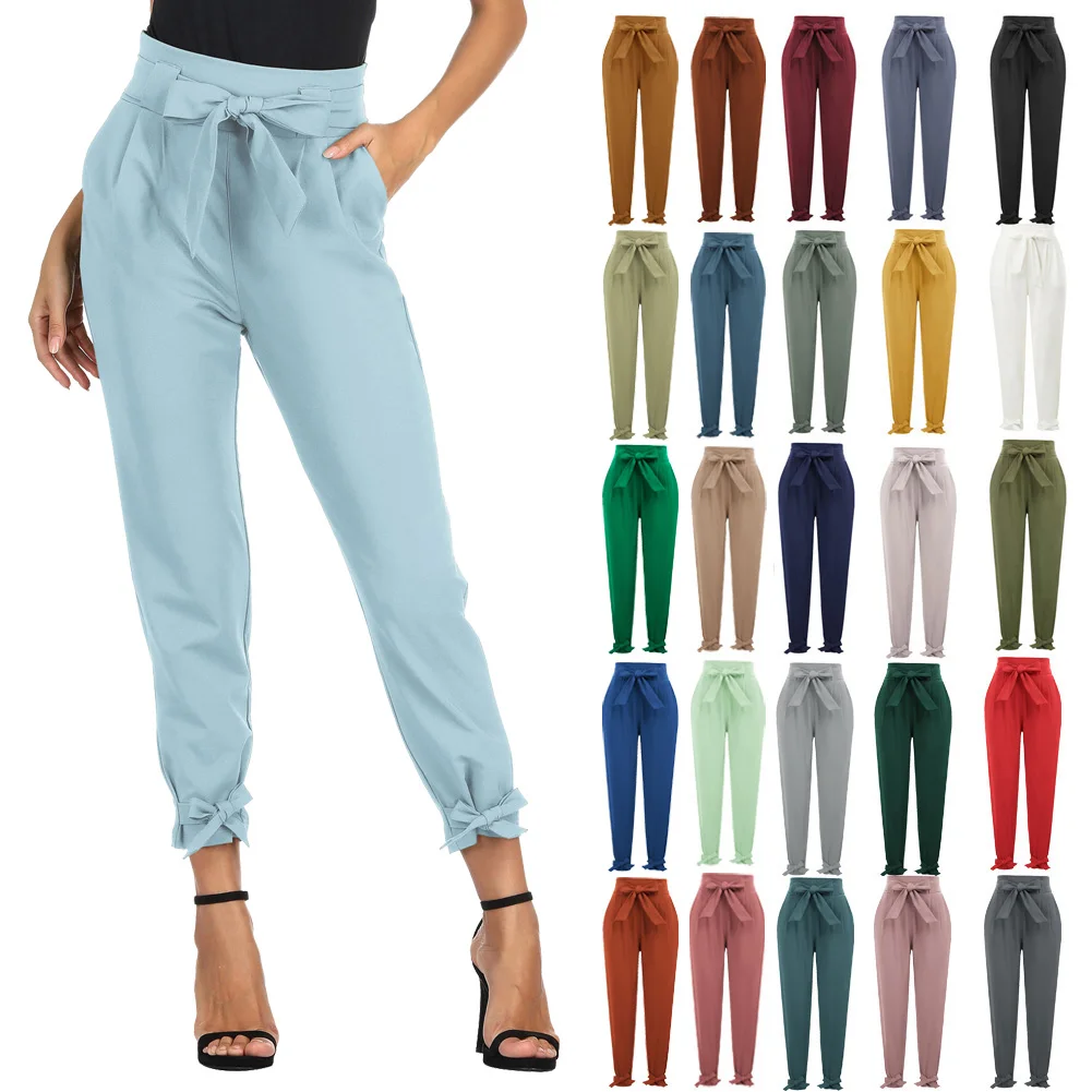 GK Women's Casual High Waist Belt Decorated Pencil Capri Pants With Bow-Knot Solid Summer Spring Streetwear Female Clothing