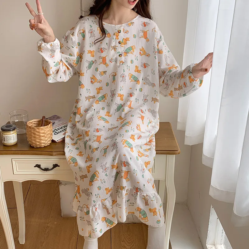 Long Sleeve One-piece Pajamas Spring Thin Cloud Cotton Sleepwear Round Neck Simple Print Nightdress Home Fury Clothing for Women