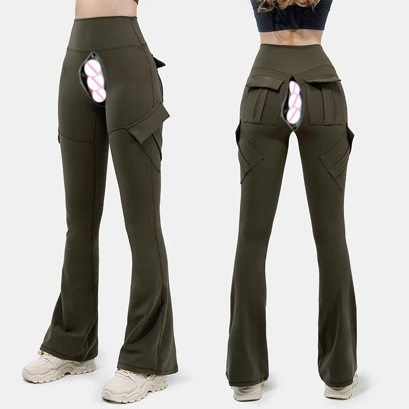 Open Crotch Outdoor Sex Cargo Trousers Peach Hip Push Up Leggings Gym Y2K Fitness Tight High Waist Bell-Bottom Pants with Pocket