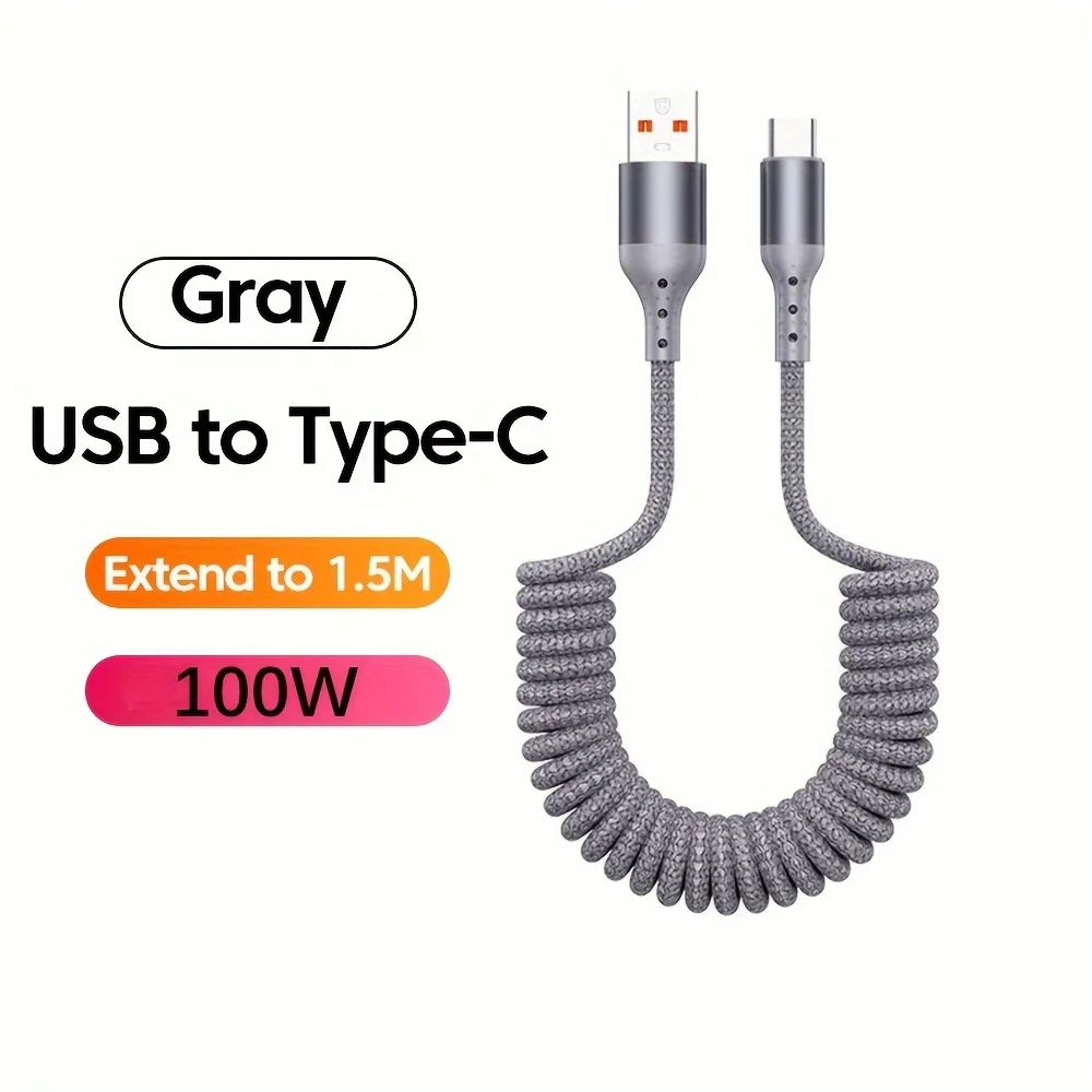 High-Speed 100W USB Type C Spring Car Charger Cable for Fast Charging and Data Transfer