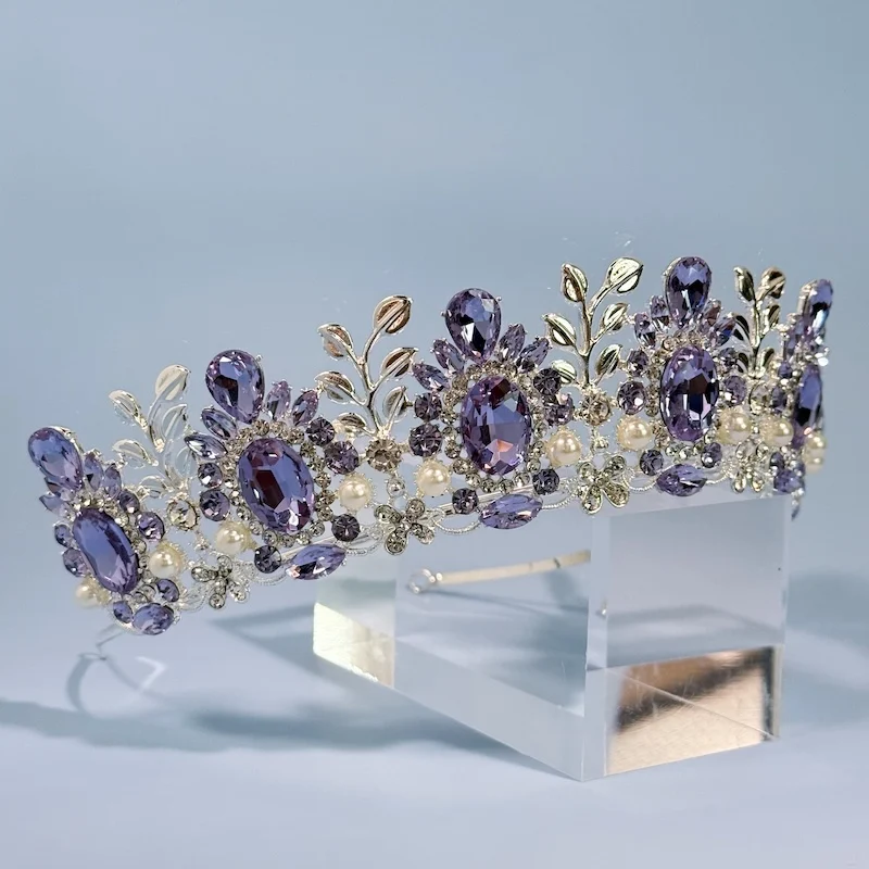 تيجان الشعر الأرجواني والتيجان للرأس للنساء ، قلادة الإكليل الأرجواني ، مجوهرات الزفاف الفاخرة ، الحبر الأرجواني ، حفل الزفاف