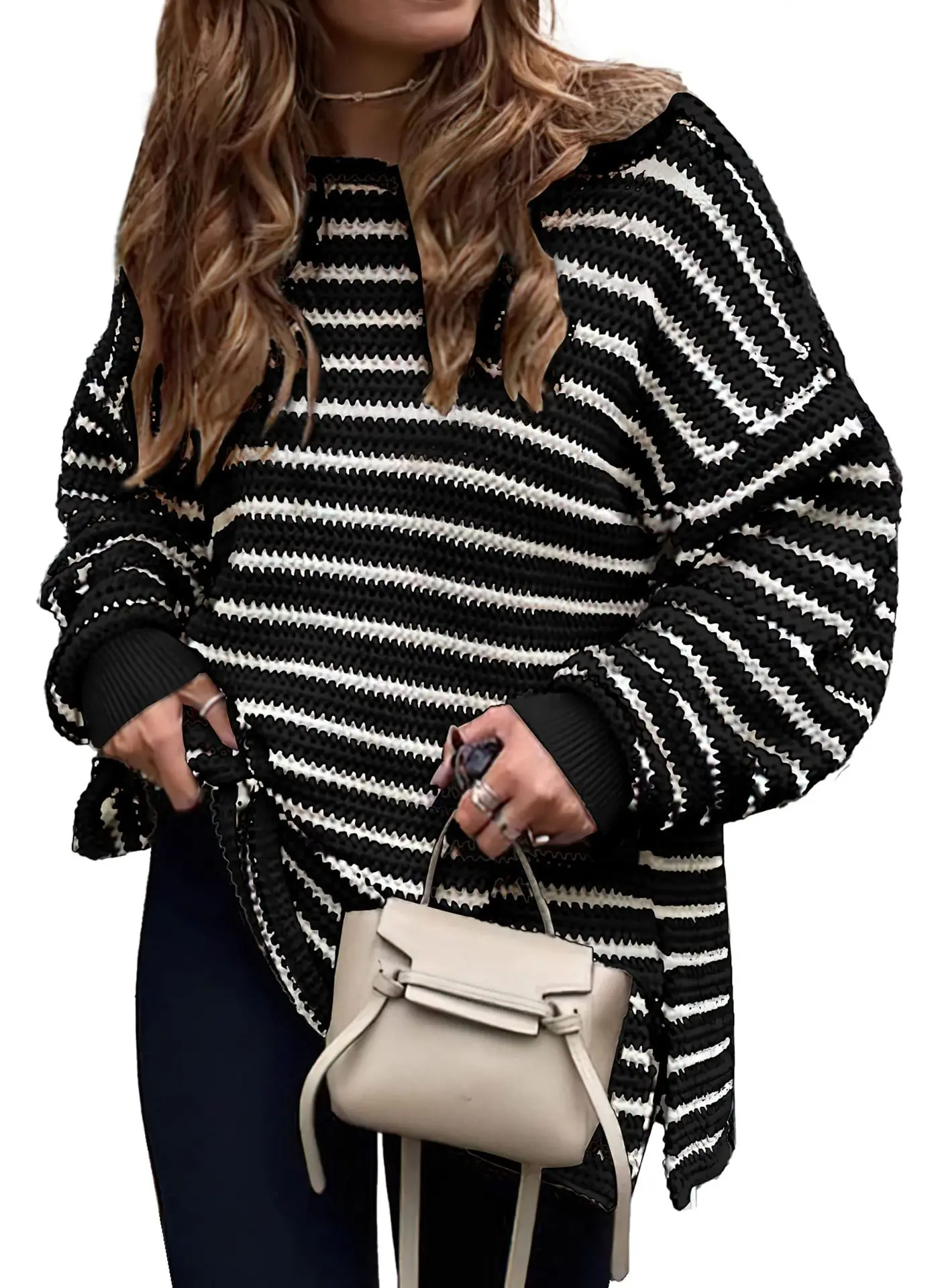 Sweaters for Women Crewneck Long Sleeve Striped Color Block Loose Knit Pullover Sweater Tops