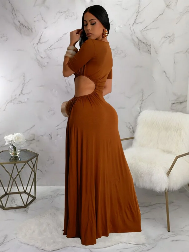 Wmstar 2025 New Women Fashionable Elegant Dress Sexy Low Waist Irregular Long Dress Solid Split Dress Solid Color Short Sleeve