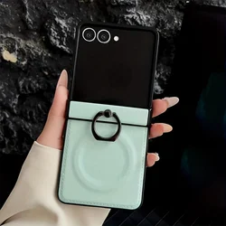 Elegant Artificial Leather Phone Case with Magnetic Ring Holder and Stand - Shockproof Solid Color Back Cover - ZFlip5 (Green)