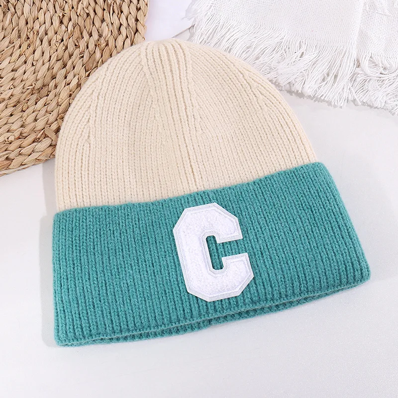 Unisex Simple Big C Letter Woolen Bonnet Cap Autumn Winter Ear Protection Knitted Hat Student Color Match Skullies Beanies 4