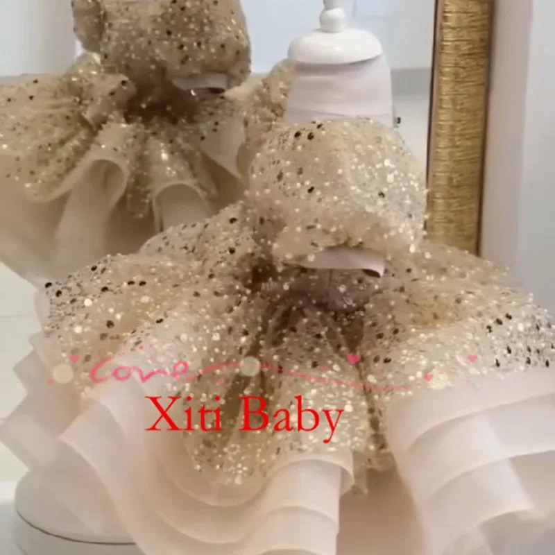 Luxurious Flower Girl Dress Scoop Neck Puff Girls Party Dresses for Wedding Puff Sleeves Tulle Kids Christmas Ceremonial Dress